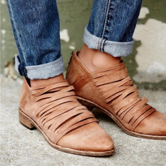 Free People Shoes - Free People Lost Valley Tan Leather Strappy Ankle Boots Boot Size 37 7 Bohemian
